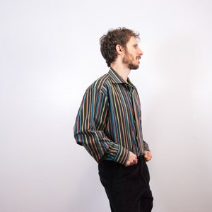 Vintage 00s Men&#39;s Neon Vertical Stripes Over Black Button Up Poplin-Feel Shirt by Etro Milano / Bold Colored Italian Dress Shirt / Fits XL