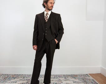 Vintage Brown Striped Three Piece Suit: Wool Blend, 40R, NOS