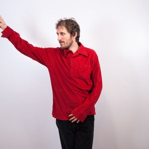 Vintage 70s Red Velour Slim-Fit Shirt / Campus Velour Disco Polo / 70s Nightclub Vibes Shirt