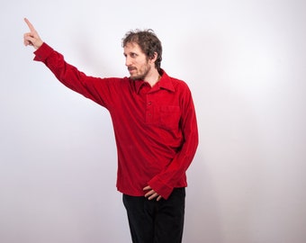 Vintage 70s Red Velour Polo Shirt - Slim Fit Disco Style