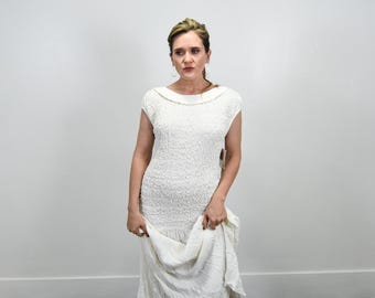 Vintage 80s White Shirred Dress: Flowy Quarter Sleeve, M/L, Made in USA