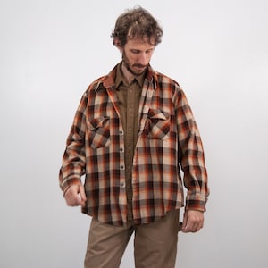 Vintage 80s Acrylic Thanksgiving Colors Shirt Jacket / Men&#39;s Brown Orange Tan Gold Camping Jacket / Lumberjack Jacket / Size XL