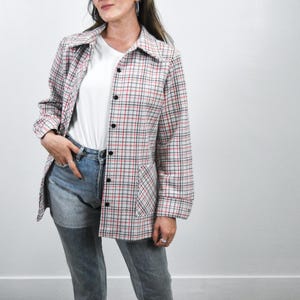 Vintage 70s Red and Navy Check over White Shirt Jacket / Women&#39;s Plaid Unlined Blue and Dark Pink Shacket / Fits S
