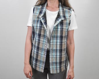 Gilet Vintage New Concepts - Taille M - Bleu Denim à Pressions - Femme - Occasion TB