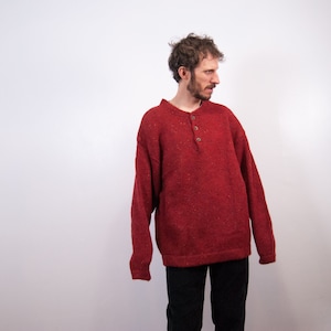 Vintage 00s J Riggings Sportswear Speckled Brick Red Henley Sweater / Pure Wool Red Chunky Henley / Size XL