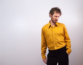 Vintage 70s Slim-Fit Men's Polyester Mustard Yellow Disco Shirt / Point Collar / 16 X 35 / Fits L
