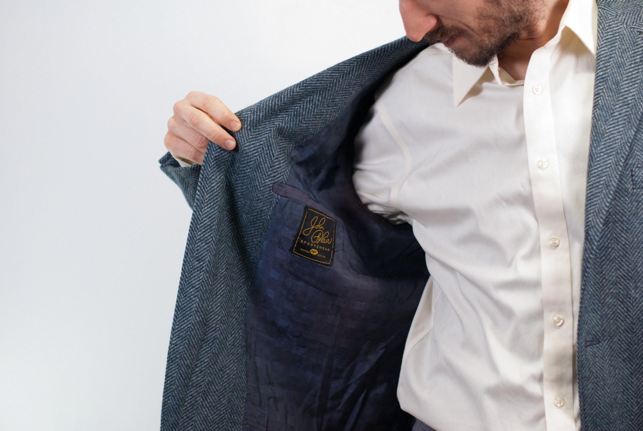 Vintage 80s Herringbone Tweed Sport Coat - Marine Blue Wool Blend