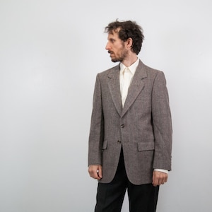 Vintage 1980&#39;s Men&#39;s Pure Wool Tweed Bark Brown Taupe Herringbone Sport Coat / Professors Sportscoat / Size 38R