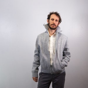 Mens 80s Acrylic Heathered Gray Funnel Neck Full-Zip Cardigan Sweater/ High Neck Cardigan / Fits L or Relaxed-Fit M