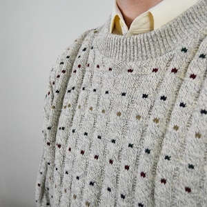90s Crew Neck Silver Gray Sweater / Grey Chunky Ribbed Sweater | Multicolor Specks / Pure Cotton Grandpa Sweater / Made in USA / Size L