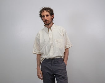 Vintage 80s Ecru Short Sleeve Shirt: Cotton Blend, Made in USA, Size L