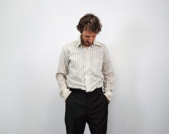 Vintage 70s Striped Office Shirt: Gray Green Micro-Pattern, Size S