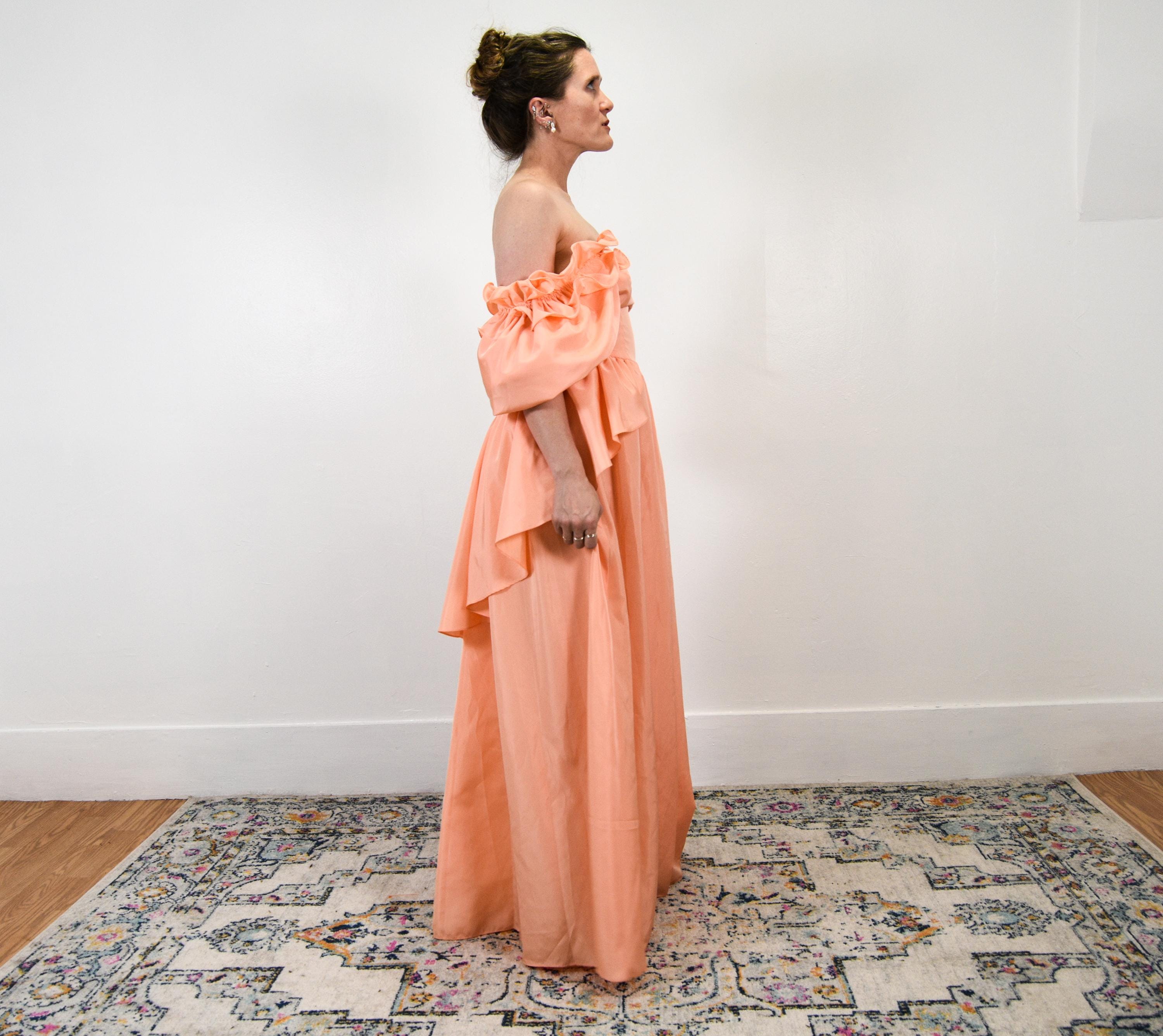 Vintage 80s Peach Bridesmaid Dress, Ruffled Formal Gown, Size S Vintage 80s Peach Bridesmaid Dress, Ruffled Formal Gown, Size S