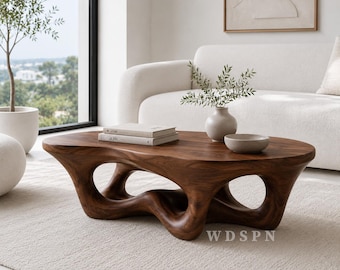 Handcrafted Cascade Hollow Coffee Table, Organic Sculptural Teak Wood Table, Modern Living Room Furniture