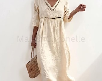 Op boho geïnspireerde midi-jurk met linnenlook, haremromper met capuchon voor dames, losse mouwloze jumpsuit met v-hals, oversized zomerplaysuit