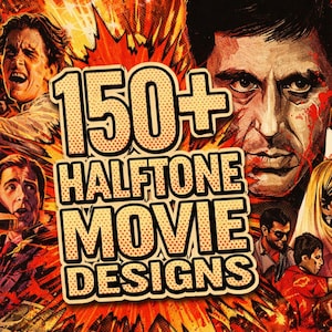 Puede incluir: Una vibrante ilustración gráfica que presenta un collage de personajes de películas, incluyendo un hombre con un hacha y un hombre con un teléfono, sobre un fondo rojo ardiente con billetes dispersos. El texto 150+ HALFTONE MOVIE DESIGNS está centrado.