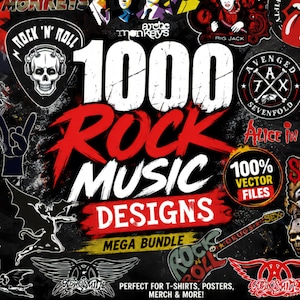 Puede incluir: Un collage digital de gráficos de música rock con calaveras, logotipos de bandas y guitarras. El texto central dice 1000 ROCK MUSIC DESIGNS MEGA BUNDLE. La obra incluye elementos en negro, blanco y rojo con varios nombres de bandas.