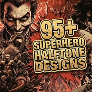May include: A digital graphic featuring comic book characters in a red and black colour scheme with the text 95+ SUPERHERO HALFTONE DESIGNS in the centre. The artwork displays various figures including a grinning character and a cigar-smoking figure.