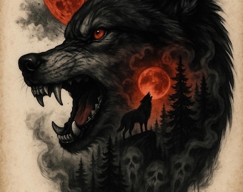 Blood Moon Werewolf PNG Gothic Wolf T-Shirt Design Dark Forest Sublimation Howling Wolf Skull Art Horror Tattoo Style Illustration Red Moon