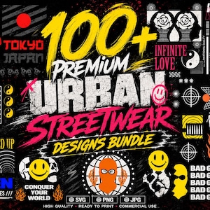 Puede incluir: Una colección gráfica digital que incluye más de 100 diseños de ropa urbana con tipografía llamativa, calaveras, caras sonrientes, llamas y motivos de inspiración japonesa en amarillo, rojo, rosa, blanco y negro sobre un fondo oscuro.