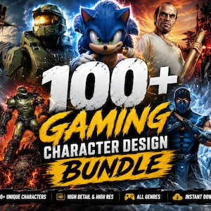 Op de afbeelding: Een digitale afbeelding met de tekst 100+ GAMING CHARACTER DESIGN BUNDLE, omringd door diverse videogamepersonages waaronder Sonic, Master Chief, Kratos en anderen in een contrastrijke, actiegerichte compositie.