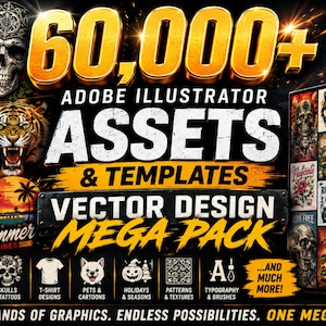 Può includere: Un pacchetto di prodotti digitali contenente oltre 60.000 risorse e modelli Adobe Illustrator. La grafica mostra testo tra cui "Vector Design Mega Pack" e "Everything you need to create without limits!" insieme a varie illustrazioni come teschi, tigri e un cane.