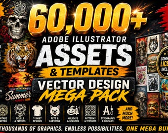 60,000+ Adobe Illustrator Assets & Templates Mega Vector Design Bundle Editable AI Files, Logos, Icons, Patterns, T-Shirt Graphics, Instant