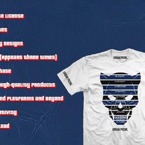 May include: A white short-sleeve t-shirt featuring a black and blue graphic of a panther head on the chest. The graphic includes horizontal stripes and text labels. The text 'URBAN PROWL' is printed on the collar and the right sleeve of the shirt.