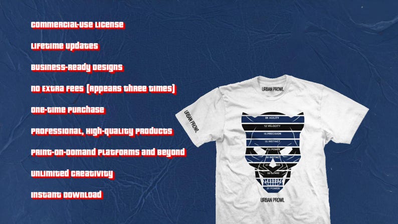 May include: A white short-sleeve t-shirt featuring a black and blue graphic of a panther head on the chest. The graphic includes horizontal stripes and text labels. The text 'URBAN PROWL' is printed on the collar and the right sleeve of the shirt.