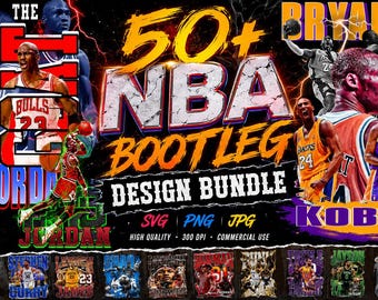 May include: A digital graphic design bundle featuring 50+ NBA bootleg style images of basketball players including Michael Jordan and Kobe Bryant. The text reads 50+ NBA BOOTLEG DESIGN BUNDLE, SVG, PNG, JPG, HIGH QUALITY, 300 DPI, COMMERCIAL USE.