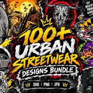 May include: A digital graphic collection titled 100+ URBAN STREETWEAR DESIGNS BUNDLE featuring various illustrations including a woman, a man in a hat, a bull skull, a crab with a flag pattern, a car, an astronaut, and graffiti text.