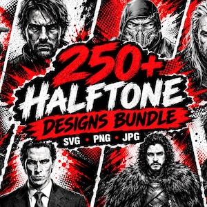 Puede incluir: Un paquete de diseño gráfico digital que incluye más de 250 diseños de semitonos con retratos en blanco y negro sobre un fondo de salpicaduras de tinta roja y negra. El texto dice 250+ HALFTONE DESIGNS BUNDLE SVG PNG JPG.
