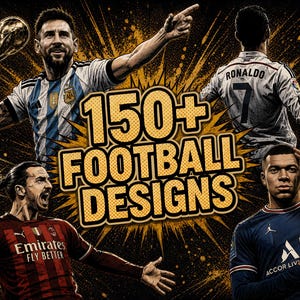 May include: A digital graphic featuring four professional football players in their team jerseys against a dark, textured background with gold light bursts. The central text reads 150+ FOOTBALL DESIGNS in bold, yellow, comic-style lettering.
