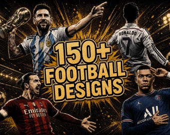 150+ Football Soccer Halftone PNG Bundle, World Cup Designs, DTF DTG T-Shirt Graphics. Messi Ronaldo Mbappe Neymar png, Digital Download
