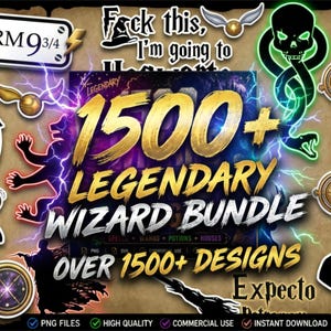 May include: A digital bundle featuring over 1500 wizard-themed graphic designs, including icons of a house elf, a platform sign, a skull and snake symbol, a newspaper, and golden snitches, with text reading 1500+ LEGENDARY WIZARD BUNDLE.