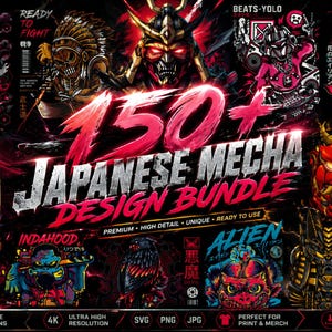 May include: A digital collection of 150+ Japanese Mecha design graphics featuring vibrant illustrations of samurai, demons, animals, and mechanical figures in red, blue, and black tones with the text 150+ JAPANESE MECHA DESIGN BUNDLE.