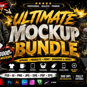 Ultimat mockup-paket, T-shirtmockup PSD, klädmockups, produktmockups, Photoshop Illustrator Canva-mallar, digital nedladdning