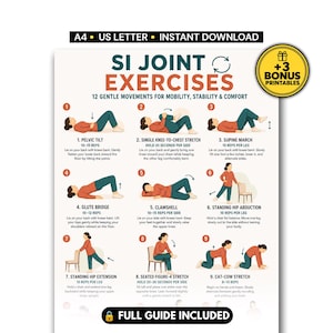 May include: A digital instructional chart titled SI JOINT EXERCISES featuring nine numbered illustrations of a person in a red shirt and dark pants performing physical therapy movements, with text descriptions for each exercise and a bonus badge.