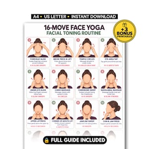 Pode incluir: Um gráfico de rotina de tonificação facial de 16 movimentos de ioga facial com ilustrações numeradas de técnicas de massagem. O documento inclui etiquetas de texto para cada movimento, como deslizamento da testa e varredura da mandíbula.