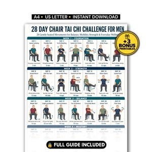 Men’s 28 Day Chair Tai Chi Challenge, Seated Senior Exercise Program Printable PDF