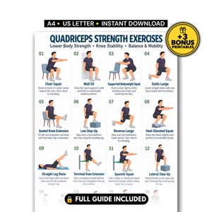 Könnte beinhalten: Ein digitales Lehrplakat mit dem Titel Quadriceps Strength Exercises, das zwölf nummerierte Illustrationen einer Figur bei Unterkörperübungen zeigt. Das Diagramm enthält Textbeschreibungen für jede Übung sowie Angaben zu A4- und US-Letter-Formaten.