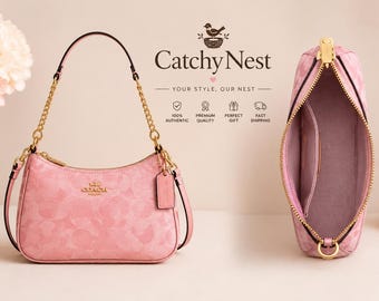 Coach Pink Signature Canvas Shoulder Bag – Designer Purse with Gold-Tone Hardware