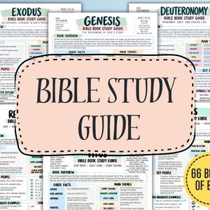 Peut inclure: Une collection de pages de guide d'étude biblique avec des en-têtes comme Genèse, Exode et Deutéronome. Une grande superposition rectangulaire couleur pêche affiche le texte noir BIBLE STUDY GUIDE. Un badge circulaire jaune indique 66 BOOKS OF BIBLE.