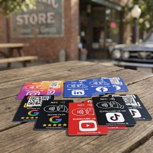 May include: A collection of rectangular NFC-enabled social media and review cards featuring QR codes, contact icons, and brand logos for platforms including Instagram, LinkedIn, Facebook, Google, YouTube, and TikTok, with text such as Follow Us On.