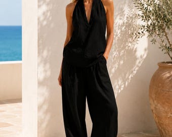 Two Piece Set Women Summer Outfit | Halter Top Wide Leg Pants Set | Resort Wear Vacation Outfit | Beachwear