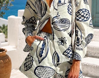 Women's Tropical Print Matching Set, Fruit Print Shirt & Shorts Set, 2 Piece Summer Co-Ord, Casual Vacation Outfit, Beach Resort Wear