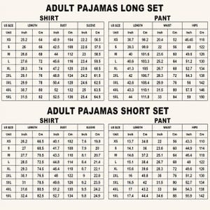 May include: A sizing chart for adult pajamas featuring two distinct tables for long and short sets. Each table includes columns for US size, length, bust, sleeve, waist, and hips, providing measurements in both inches and centimeters for sizes XS to 5XL.