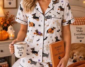 Halloween Dachshund Satin Pajama Set, Spooky Dog Pajamas, Women’s Short Sleeve Sleepwear, Dog Lover Gift, Fall PJs