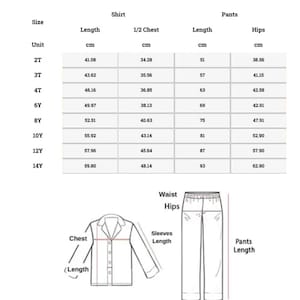 May include: A size chart for long pajamas for kids, featuring a table with columns for size, shirt length, 1/2 chest, pants length, and hips in centimeters. Below the table is a line drawing of a button-down shirt and pants with labels.