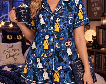 Yellow Raincoat Girl Pajama Set, Black Cat & Button Eyes Pajamas, Secret Door Dark Fantasy Sleepwear, Spooky Blue Night PJs